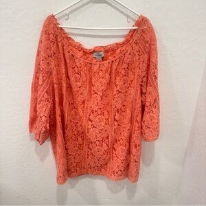 Catherines Lace Blouse Womens 2X Pink-Orange Off Shoulder Coquette Spring